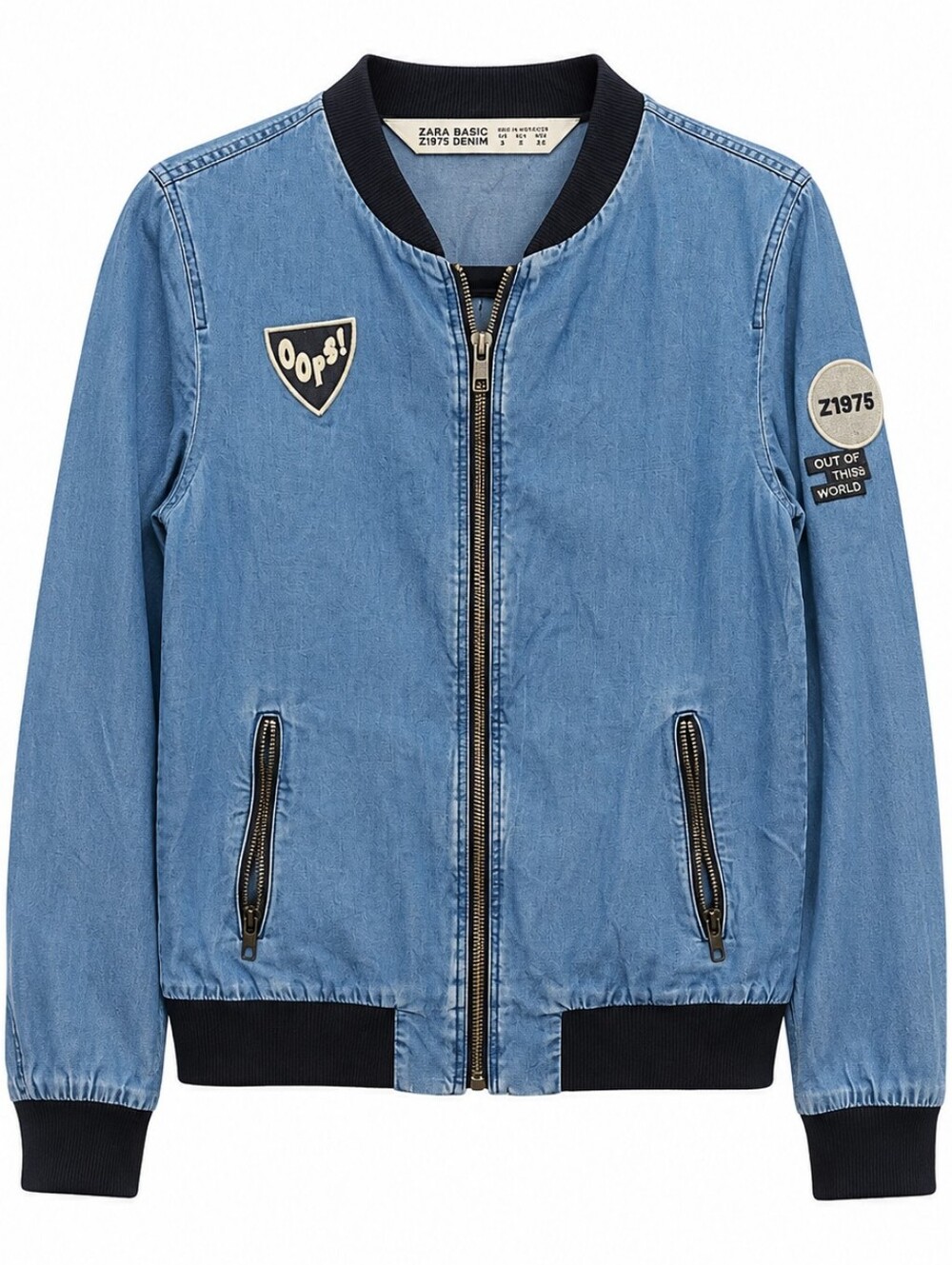 Zara Light Blue Denim Bomber Jacket with Black Trim